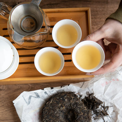 Hand holding gaiwan cup filled with brewed pu-erh tea with gaiwan set.