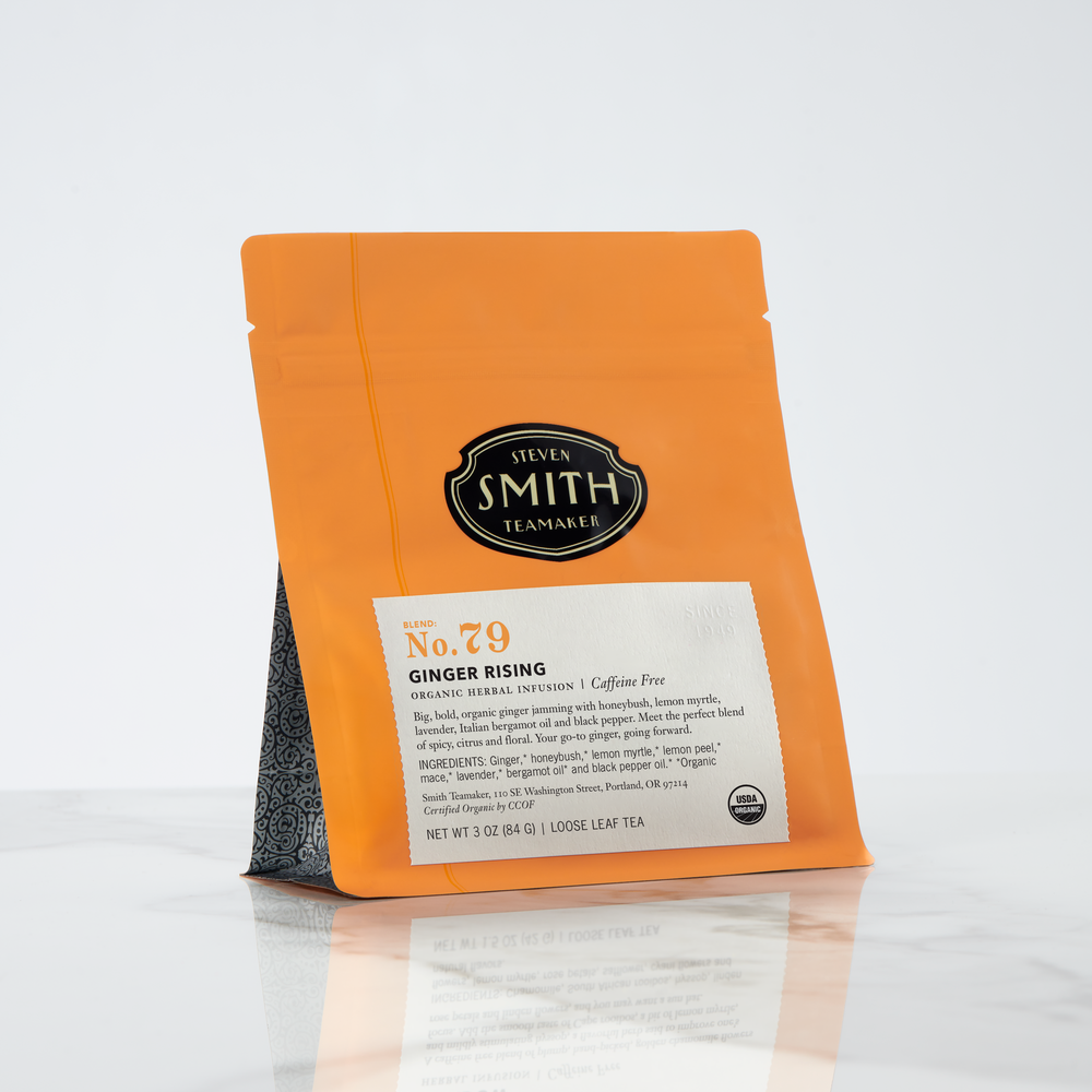 Orange package of Steven Smith Tea with a white label on a white background