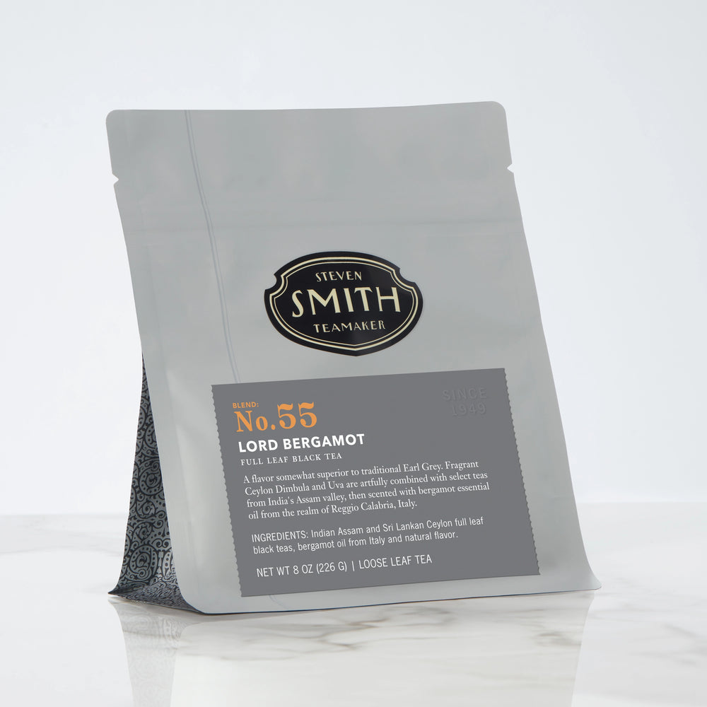 Grey bag with black Lord Bergamot label and Smith logo.