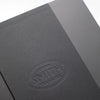 Black wooden box with logo emboss on white background.