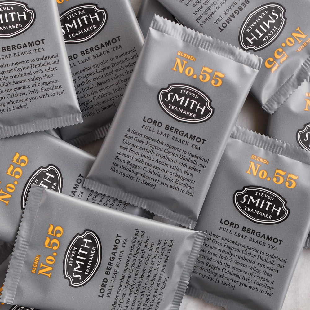 A pile of overwrapped sachets of Lord Bergamot black tea.