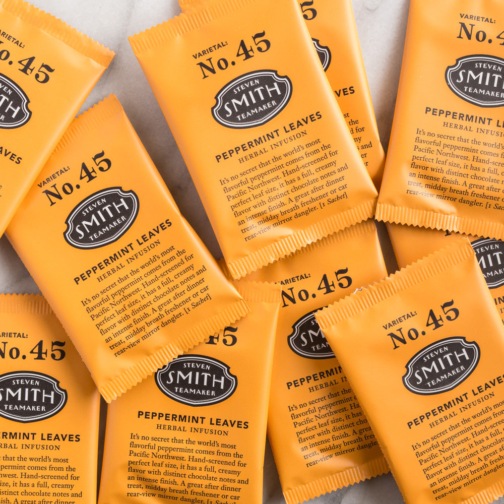 Cardboard box filled with 100 sachets of Peppermint Leavestea.